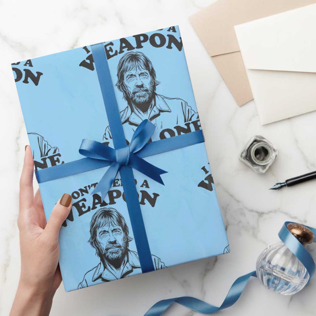 Funny Tough Guy Chuck Meme Wrapping Paper Roll I Dont Need a Weapon I Am One Retro Action Legend Parody TS02 Light Blue Print Your Wear