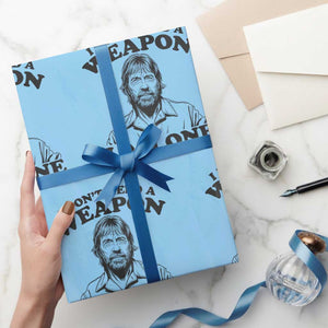 Funny Tough Guy Chuck Meme Wrapping Paper Roll I Dont Need a Weapon I Am One Retro Action Legend Parody TS02 Light Blue Print Your Wear