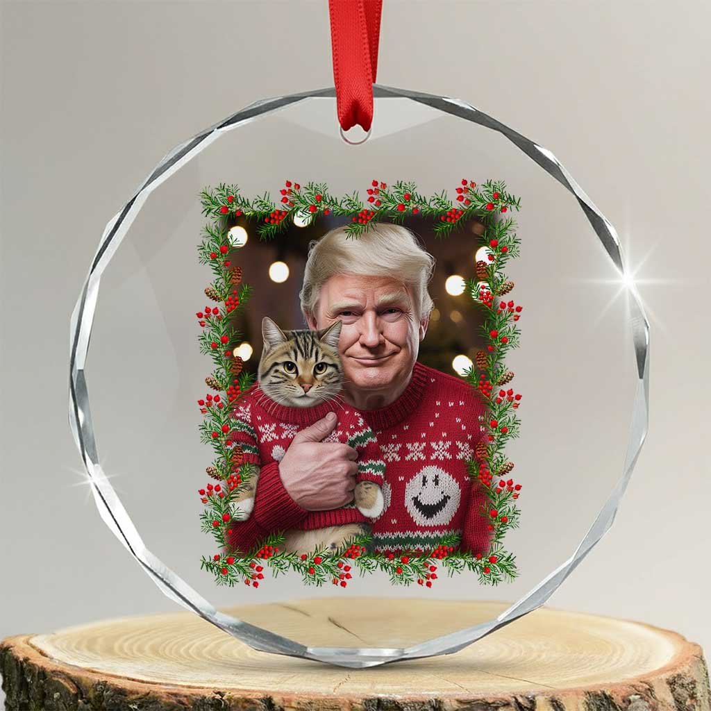 Funny Trump Cat Xmas Mistletoe Crystal Glass Ornament TS11 Transparent Glass 3'' Circle Print Your Wear