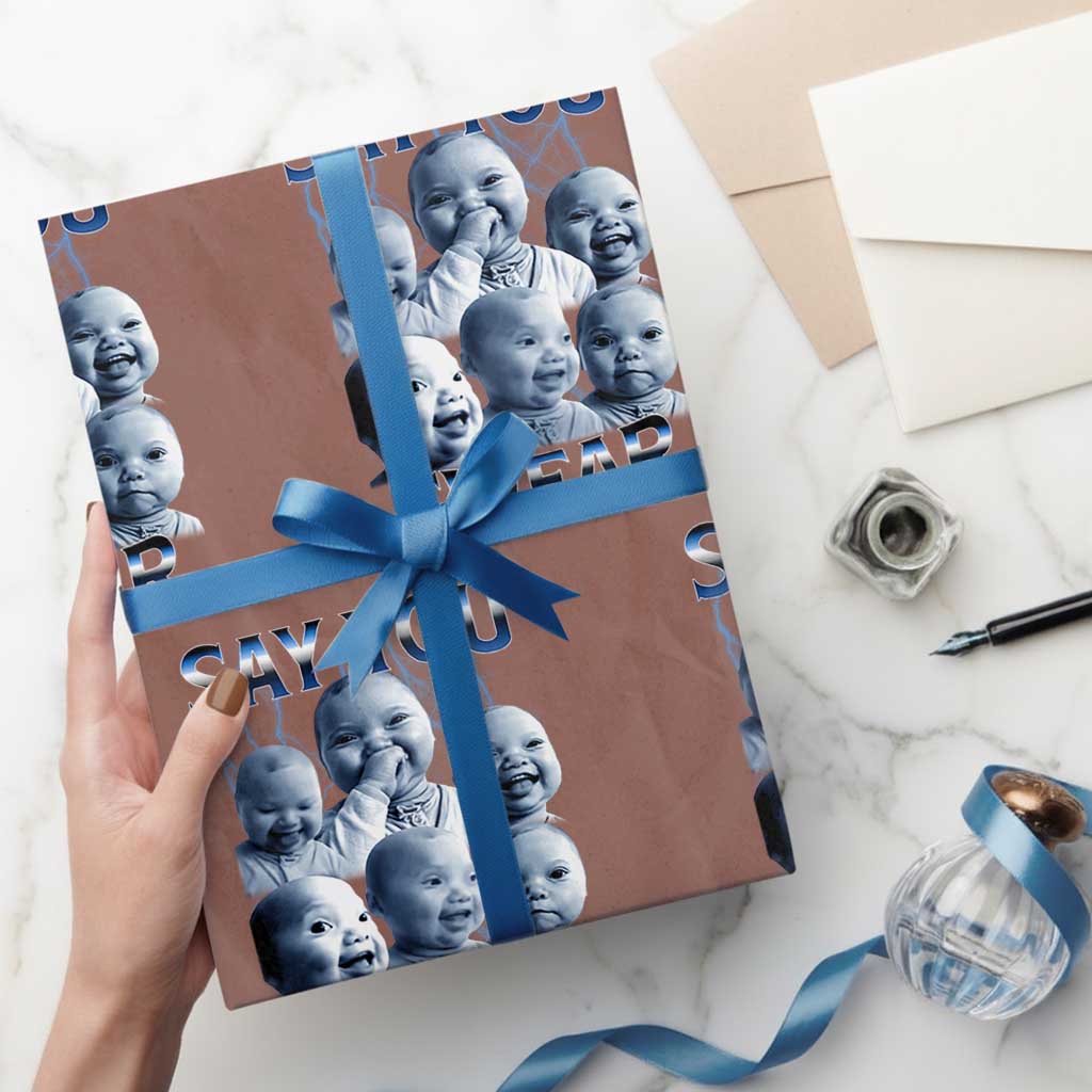 Funny Tuff Baby Meme Wrapping Paper Roll Say You Swear Viral AI Niche Baby Holding Back Laugh TS02 Mocha Print Your Wear