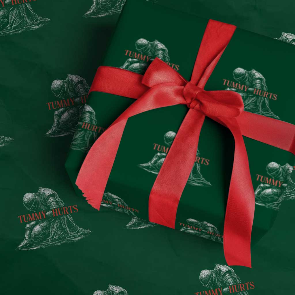 Funny Tummy Hurts Knight Graphic Wrapping Paper Roll Warrior Medieval Sarcastic Dark Fantasy Slumped Renaissance Meme