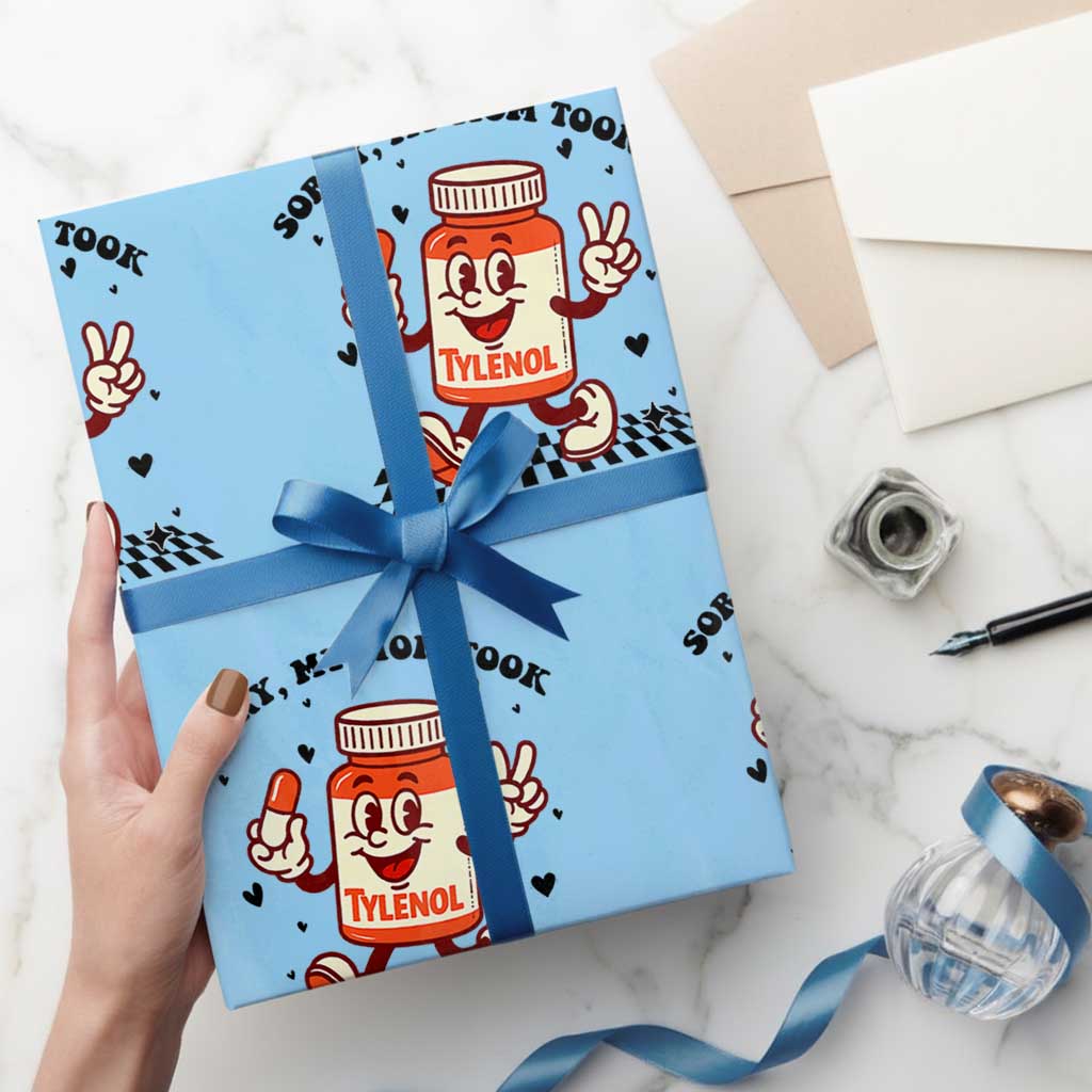 Funny Tylenol Joke Wrapping Paper Roll Please Be Patient My Mom Took Tylenol TS14 Light Blue Print Your Wear