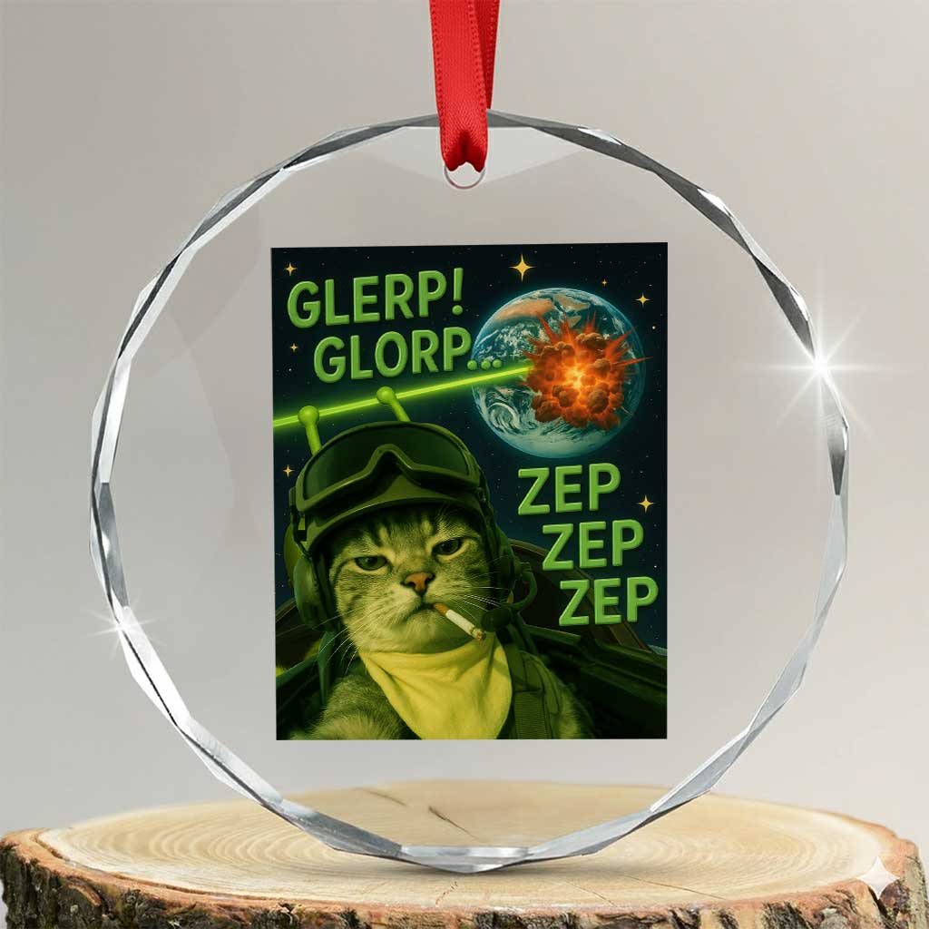 Funny UFO Alien Cat Selfie Crystal Glass Ornament Retro Space Sci-Fi Cat Pilot TS10 Transparent Glass 3'' Circle Print Your Wear