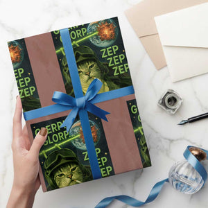 Funny UFO Alien Cat Selfie Wrapping Paper Roll Retro Space Sci-Fi Cat Pilot TS10 Mocha Print Your Wear