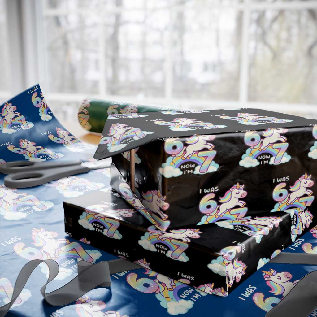Funny Unicorn I Was 6 Now I Am 7 Wrapping Paper Roll Girl Seventh Birthday Gift TS12 Black Print Your Wear