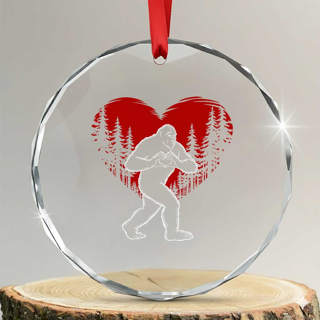 Funny Valentine Bigfoot in Love Heart Hand Sign Crystal Glass Ornament Romantic Sasquatch in Forest Valentines Day TS02 Transparent Glass 3'' Circle Print Your Wear