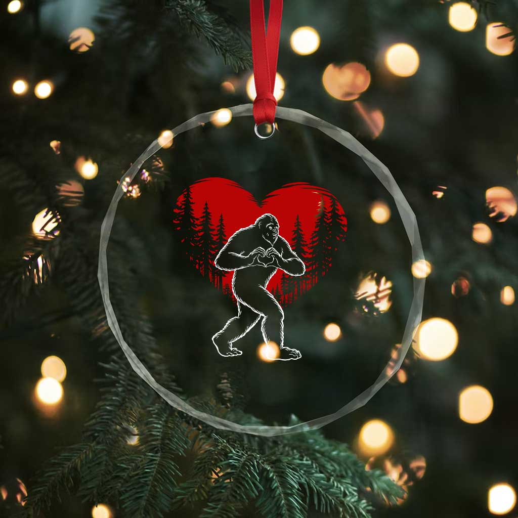Funny Valentine Bigfoot in Love Heart Hand Sign Crystal Glass Ornament Romantic Sasquatch in Forest Valentines Day TS02 Print Your Wear