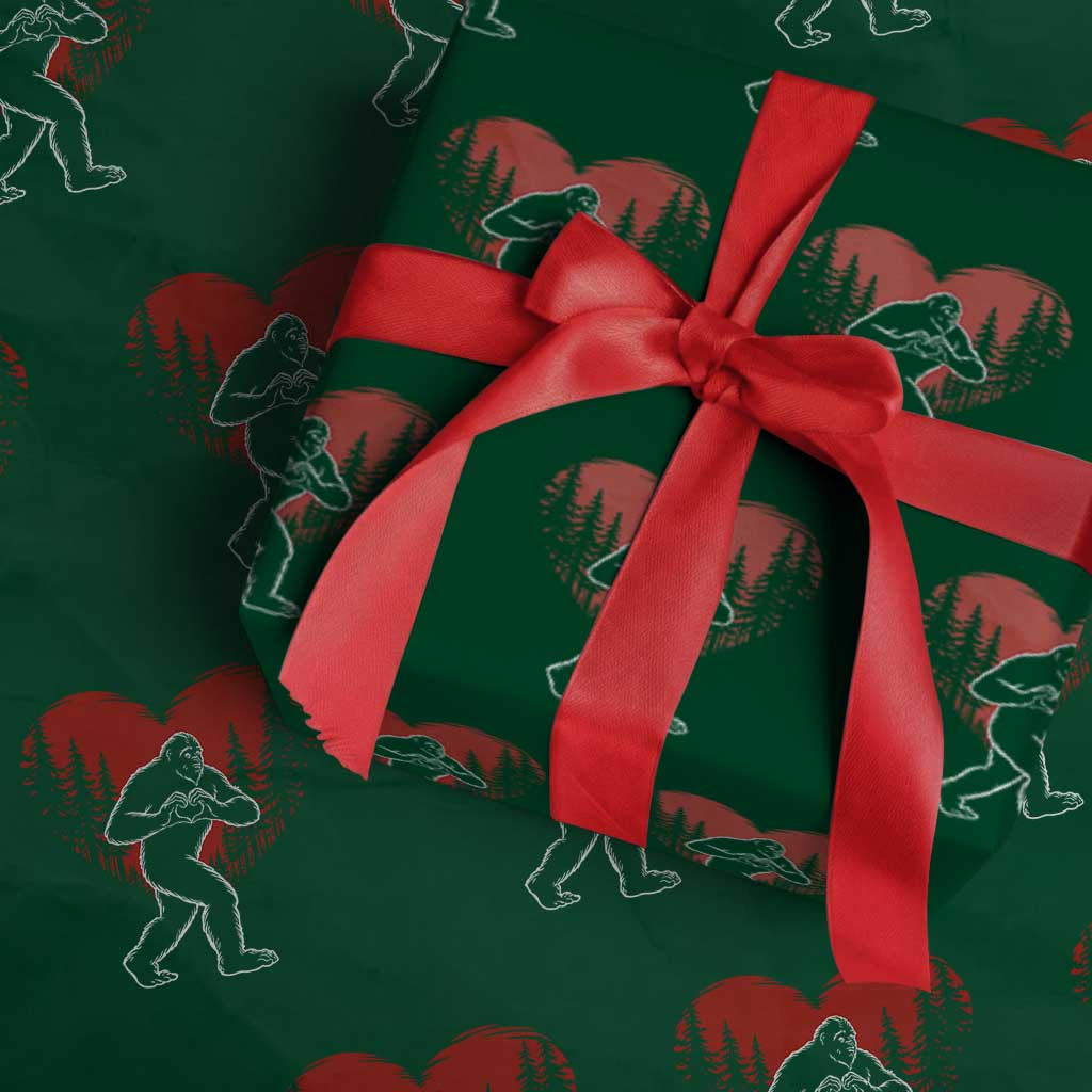 Funny Valentine Bigfoot in Love Heart Hand Sign Wrapping Paper Roll Romantic Sasquatch in Forest Valentines Day TS02 Green Print Your Wear
