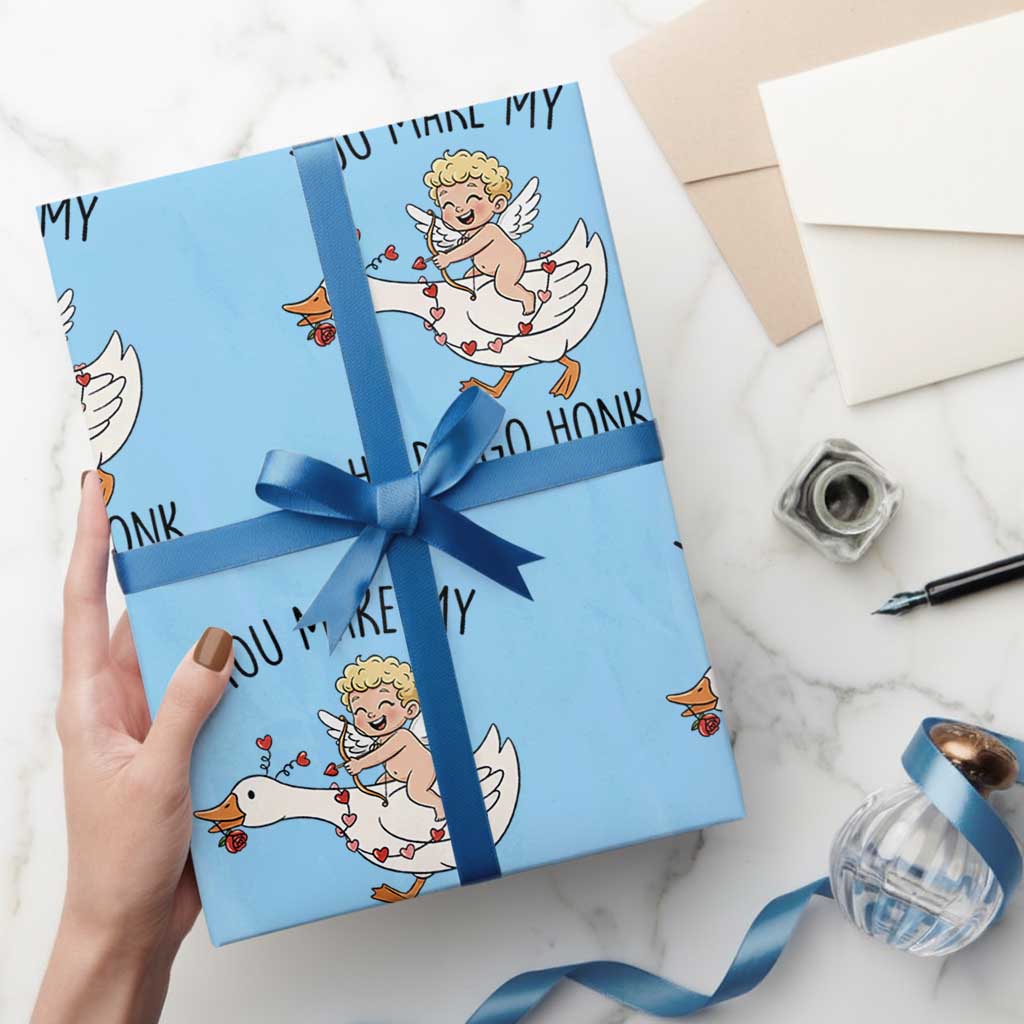 Funny Valentine Goose Wrapping Paper Roll You Make My Heart Go Honk TS14 Light Blue Print Your Wear