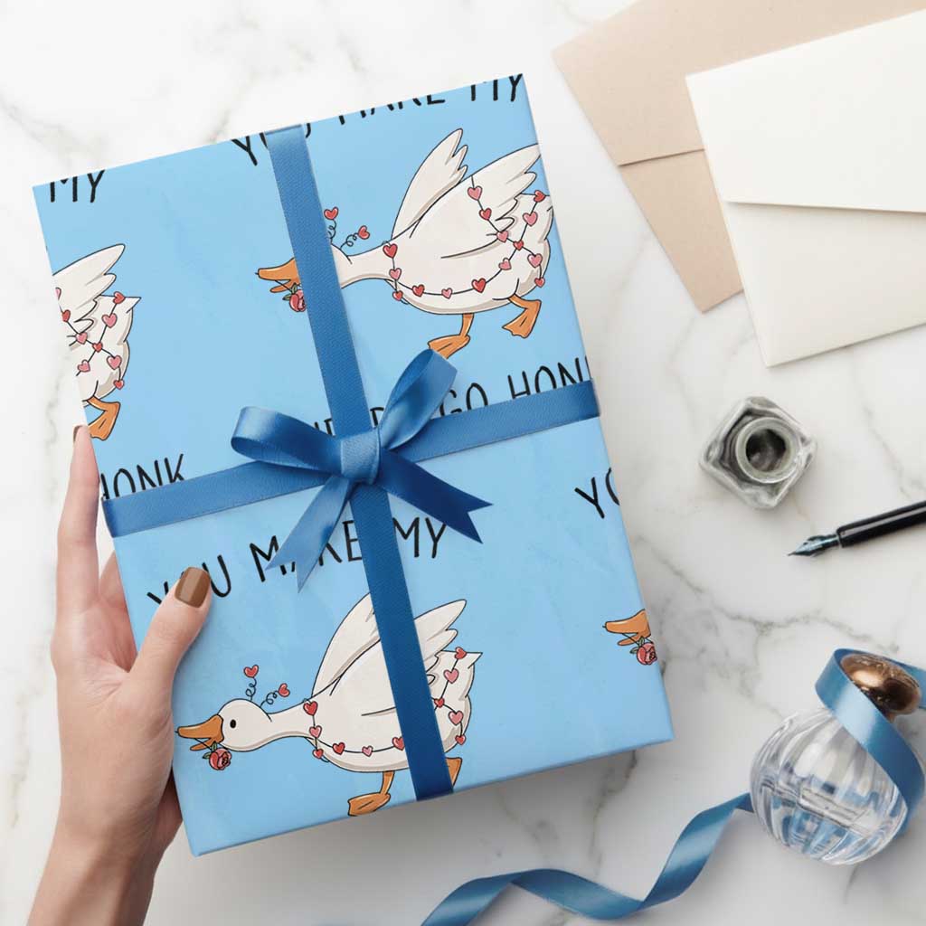 Funny Valentine Goose Wrapping Paper Roll You Make My Heart Go Honk Cute Romantic Gift TS02 Light Blue Print Your Wear