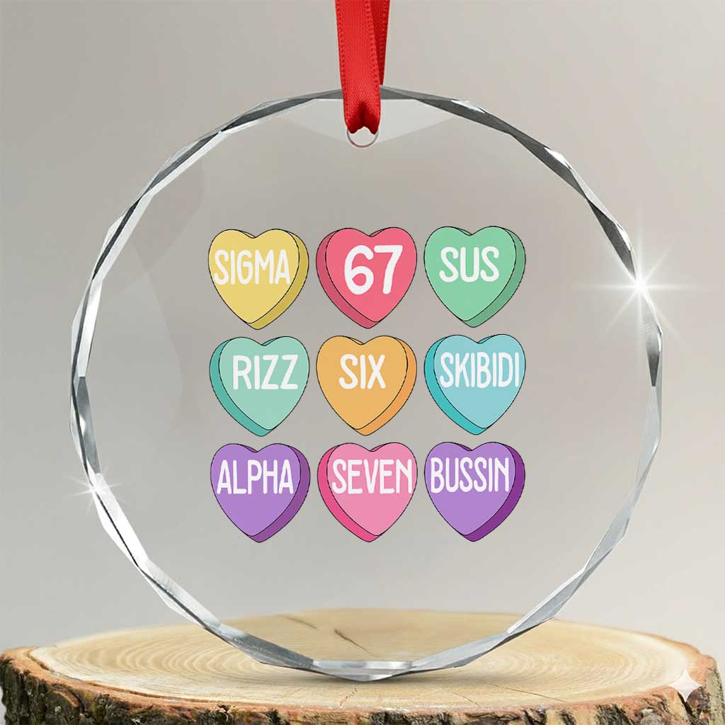 Funny Valentines Day 67 Meme Six Seven Sigma Rizz Heart Kids Crystal Glass Ornament TS11 Transparent Glass 3'' Circle Print Your Wear