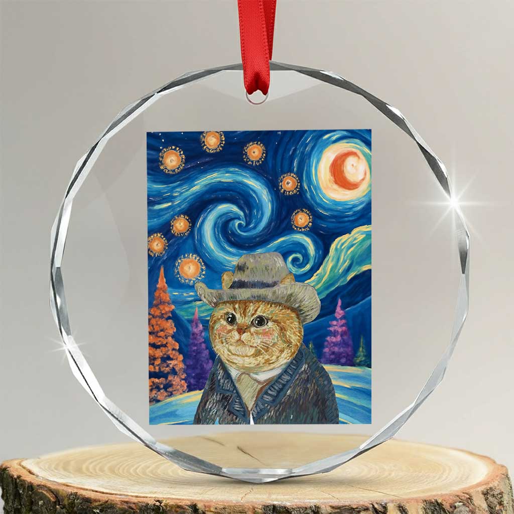 Funny Van Gogh Cat in Starry Night Crystal Glass Ornament TS12 Transparent Glass 3'' Circle Print Your Wear