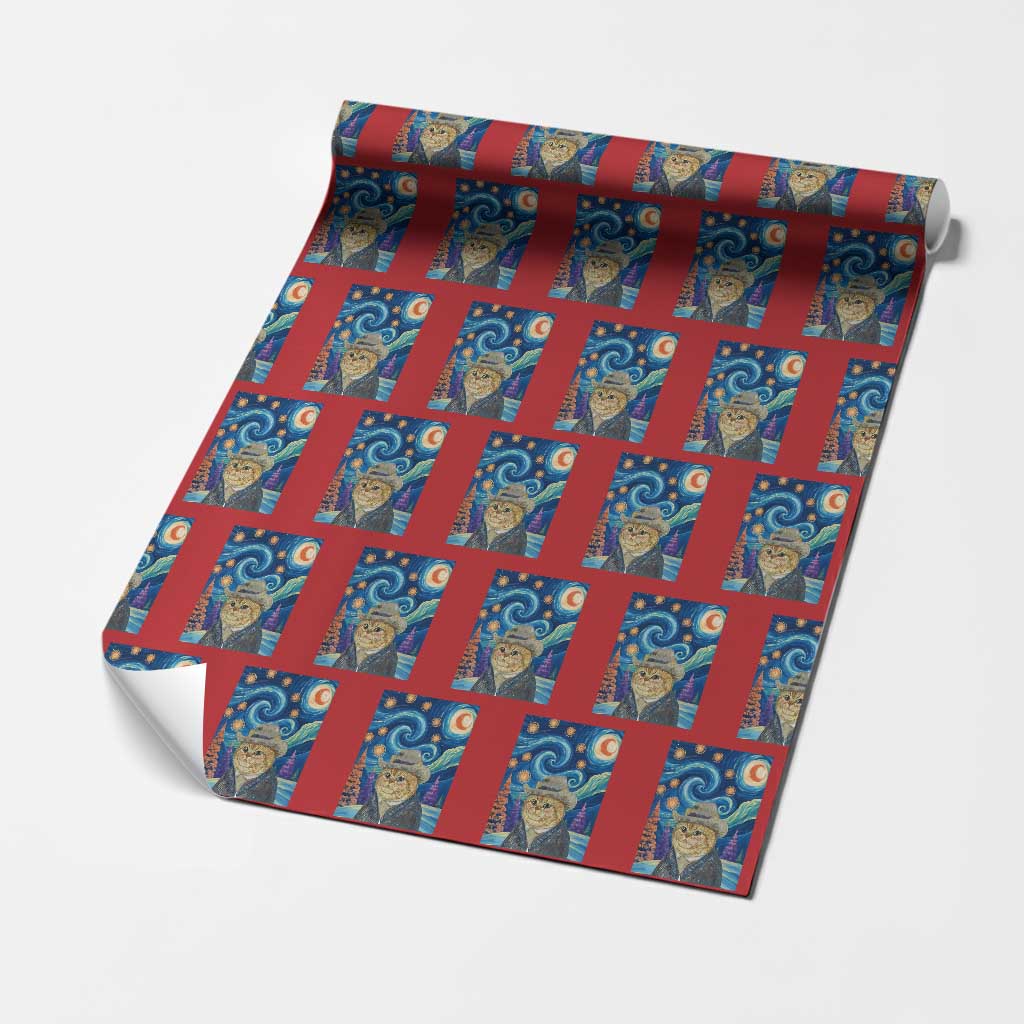 Funny Van Gogh Cat in Starry Night Wrapping Paper Roll TS12 Red Print Your Wear