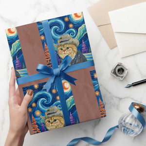 Funny Van Gogh Cat in Starry Night Wrapping Paper Roll TS12 Mocha Print Your Wear