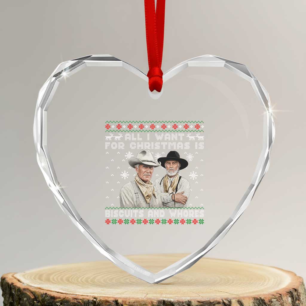 Funny Western Christmas Cowboy Humor Heart Crystal Glass Ornament All I Want for Christmas Is Biscuits and Whores TS02 Transparent Glass 3'' Heart Print Your Wear