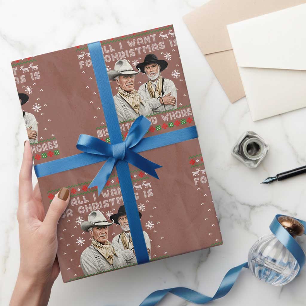 Funny Western Christmas Cowboy Humor Wrapping Paper Roll All I Want for Christmas Is Biscuits and Whores TS02 Mocha Print Your Wear