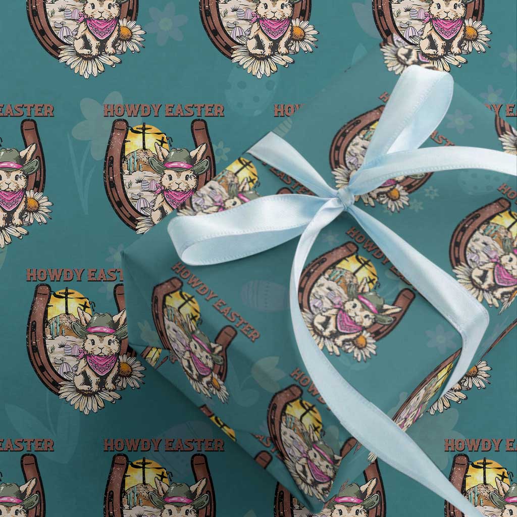 Funny Western Easter Day Wrapping Paper Roll Howdy Easter Country Cowboy Bunny Horseshoe TS11 Teal Print Your Wear
