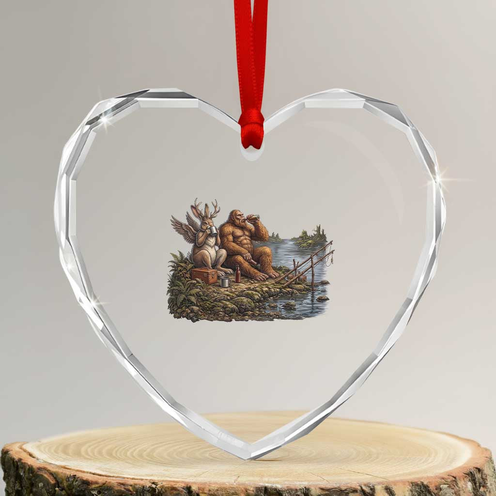 Funny Wolpertinger Bigfoot Fishing Heart Crystal Glass Ornament Beer Drinking Cryptid Fisherman Gift TS12 Transparent Glass 3'' Heart Print Your Wear