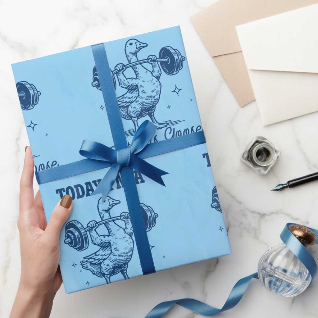 Funny Workout Silly Goose Wrapping Paper Roll Today I'm A Serious Goose Lifting Weights Gym TS02 Light Blue Print Your Wear