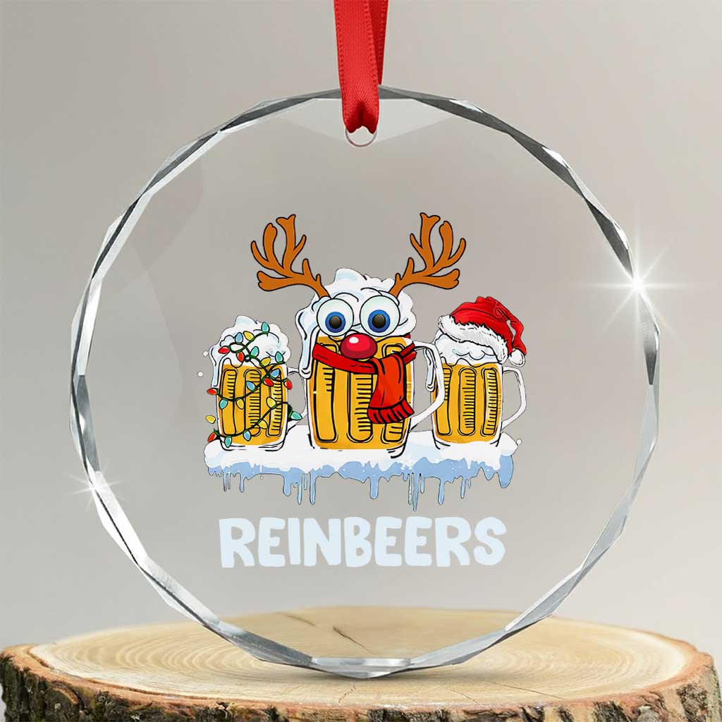 Funny Xmas Beer Crystal Glass Ornament Reinbeers Reindeer Drinking Beer TS09 Transparent Glass 3'' Circle Print Your Wear