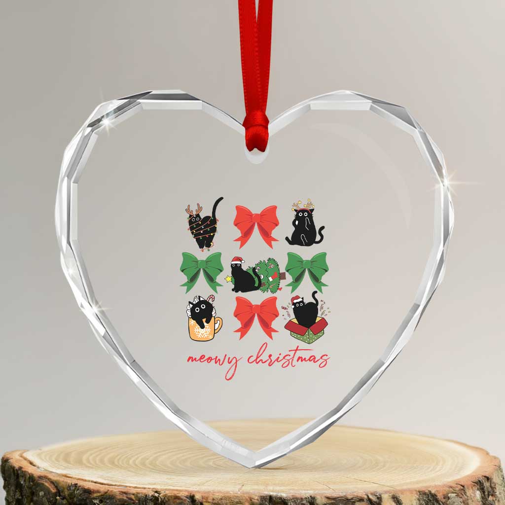 Funny Xmas Black Cat Heart Crystal Glass Ornament Meowy Christmas Cute Cats Coquette Bow TS09 Transparent Glass 3'' Heart Print Your Wear
