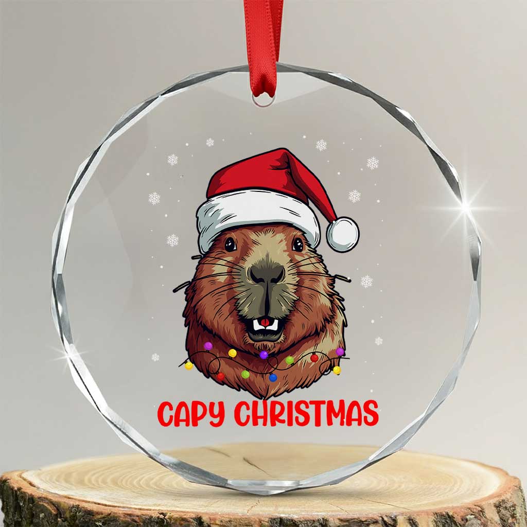 Funny Xmas Capybara Crystal Glass Ornament Capy Xmas Meme Santa Hat TS02 Transparent Glass 3'' Circle Print Your Wear