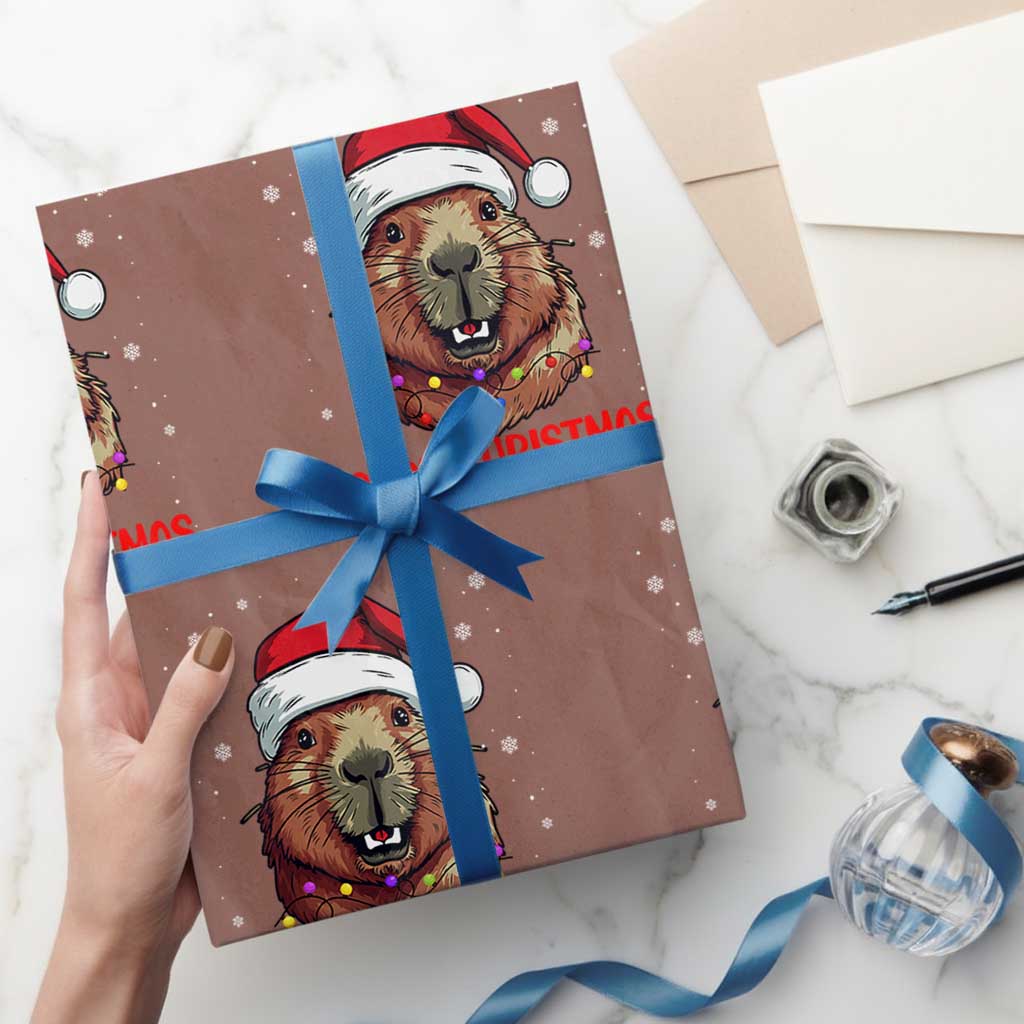 Funny Xmas Capybara Wrapping Paper Roll Capy Christmas Meme Santa Hat TS02 Mocha Print Your Wear