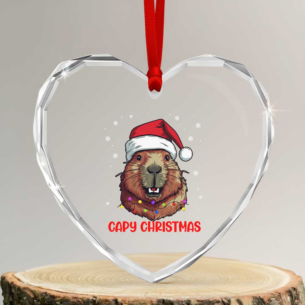 Funny Xmas Capybara Heart Crystal Glass Ornament Capy Xmas Meme Santa Hat TS02 Transparent Glass 3'' Heart Print Your Wear