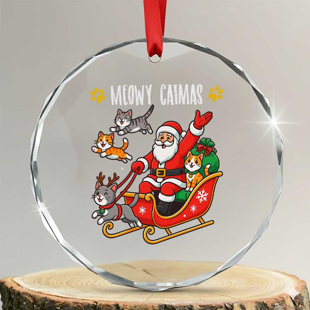 Funny Xmas Cat Crystal Glass Ornament Meowy Catmas Santa Sleigh Xmas TS12 Transparent Glass 3'' Circle Print Your Wear