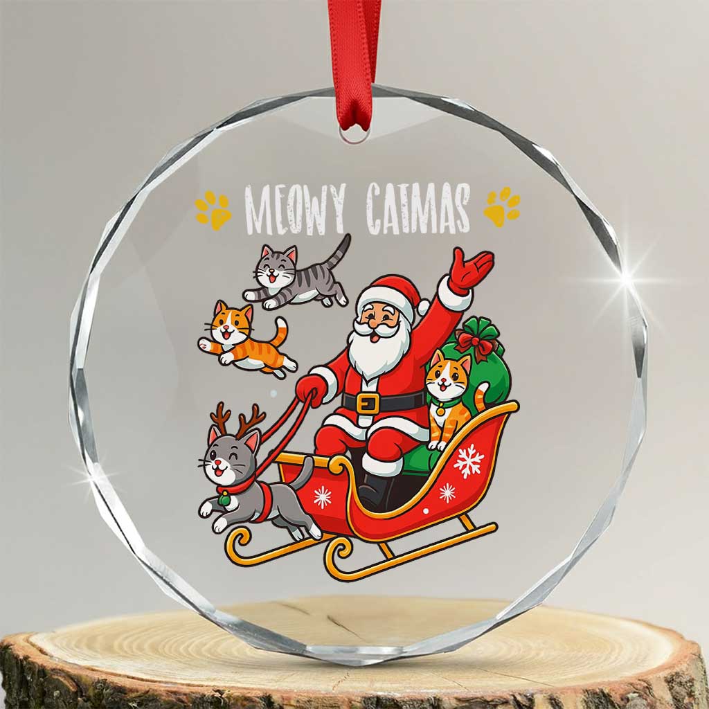 Funny Xmas Cat Crystal Glass Ornament Meowy Catmas Santa Sleigh Xmas TS12 Transparent Glass 3'' Circle Print Your Wear