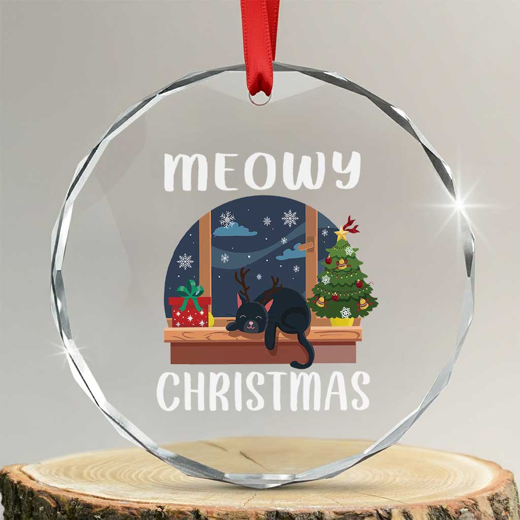 Funny Xmas Cat Crystal Glass Ornament Reindeer Cat Chillin' Meowy TS09 Transparent Glass 3'' Circle Print Your Wear