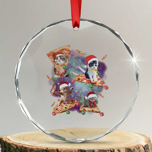 Funny Xmas Cat Crystal Glass Ornament Santa Cat Riding Pizza Galaxy Outer Space TS09 Transparent Glass 3'' Circle Print Your Wear