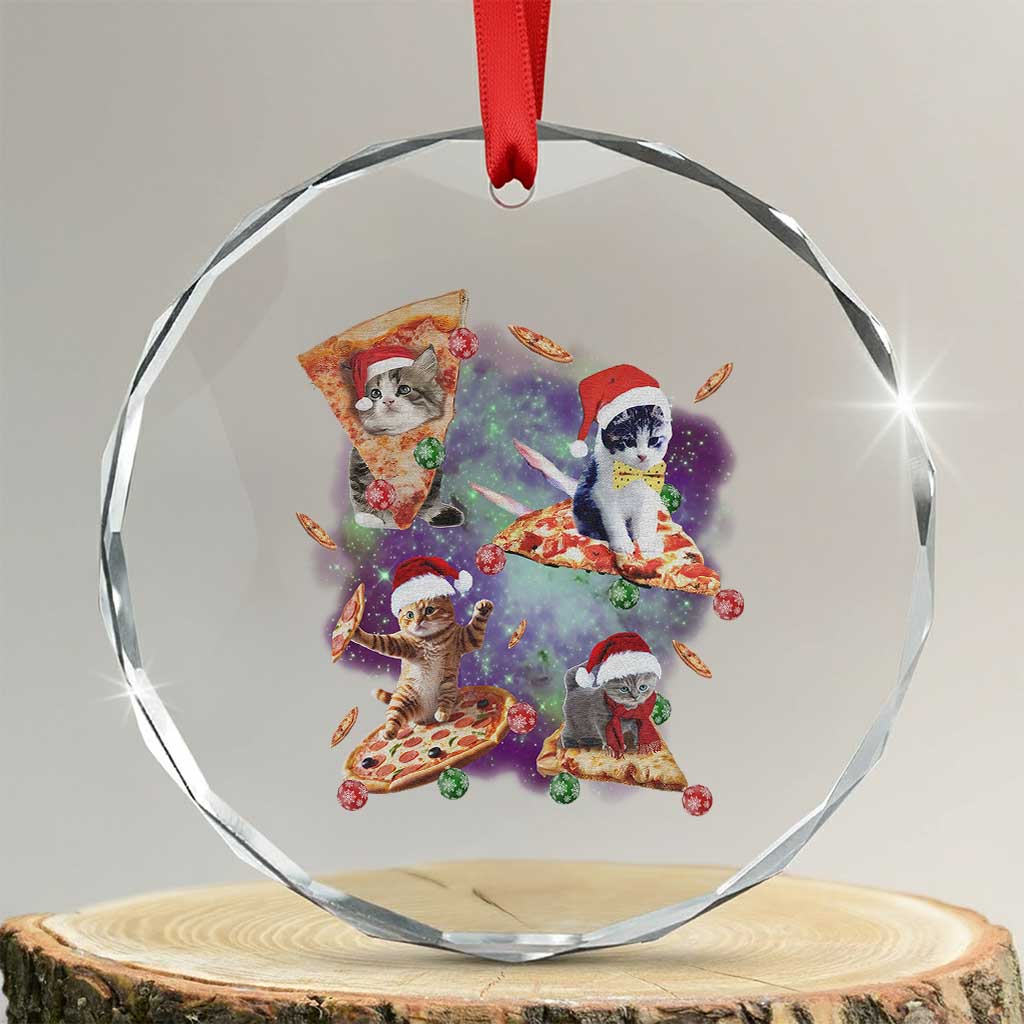Funny Xmas Cat Crystal Glass Ornament Santa Cat Riding Pizza Galaxy Outer Space TS09 Transparent Glass 3'' Circle Print Your Wear
