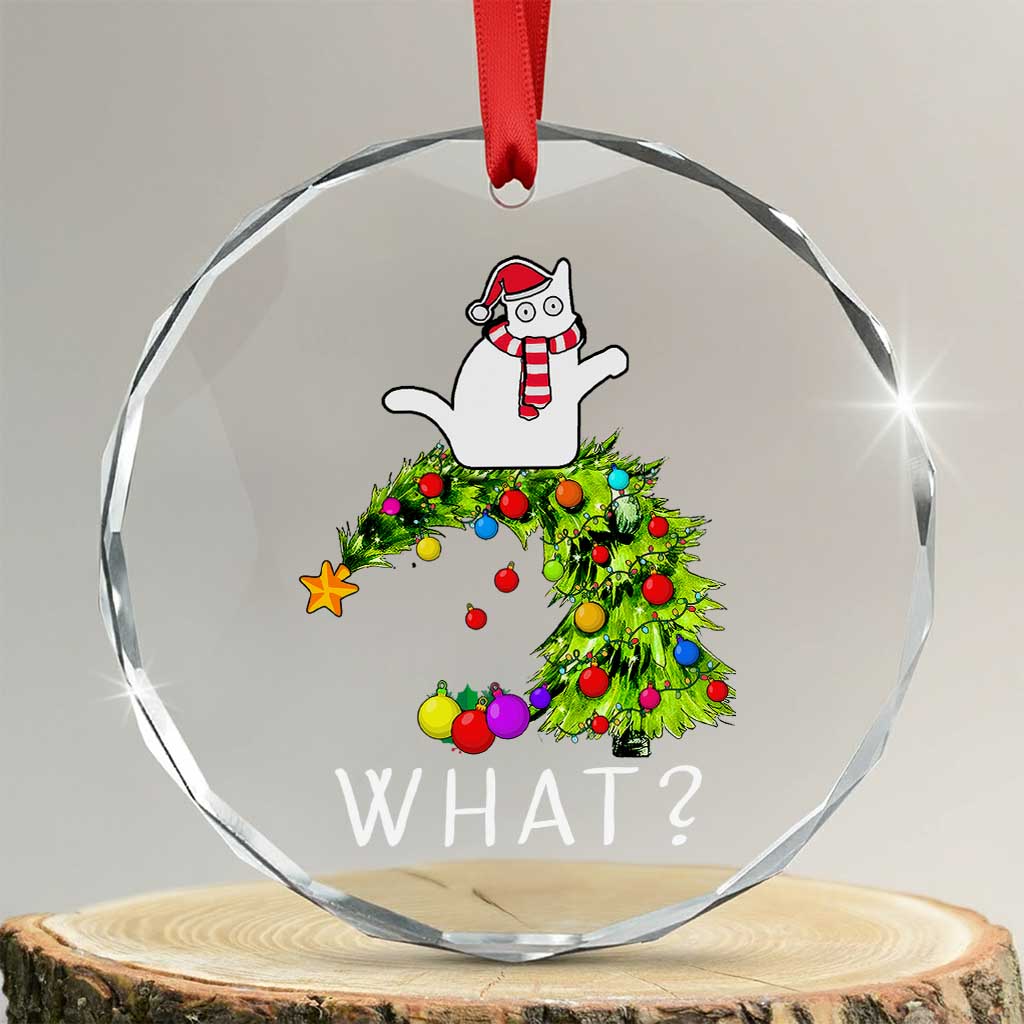 Funny Xmas Cat Crystal Glass Ornament What? Mischievous Cat Pushing Christmas Tree TS09 Transparent Glass 3'' Circle Print Your Wear