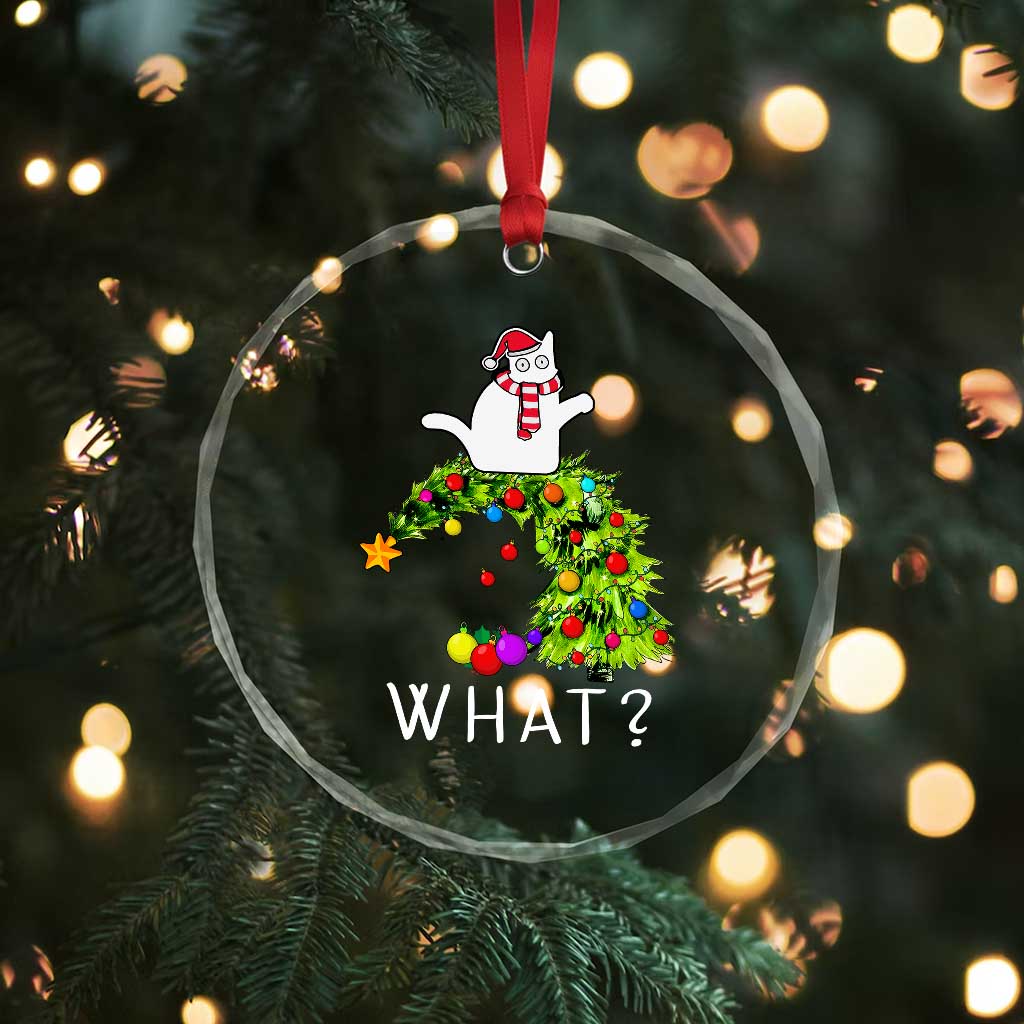Funny Xmas Cat Crystal Glass Ornament What? Mischievous Cat Pushing Christmas Tree TS09 Print Your Wear