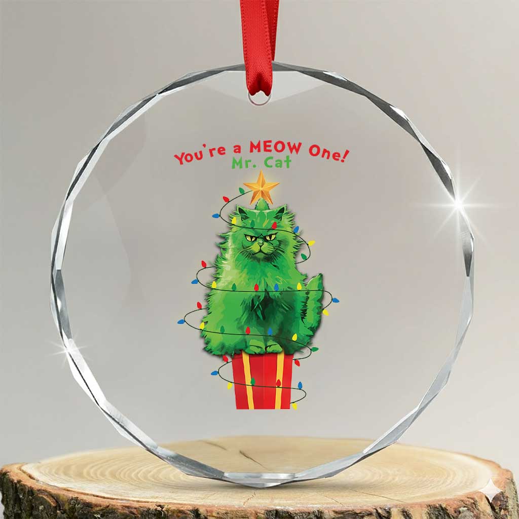 Funny Xmas Cat Crystal Glass Ornament You Are A Meow One Mr. Cat Green Cat TS09 Transparent Glass 3'' Circle Print Your Wear