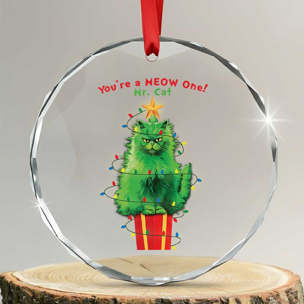 Funny Xmas Cat Crystal Glass Ornament You Are A Meow One Mr. Cat Green Cat TS09 Transparent Glass 3'' Circle Print Your Wear
