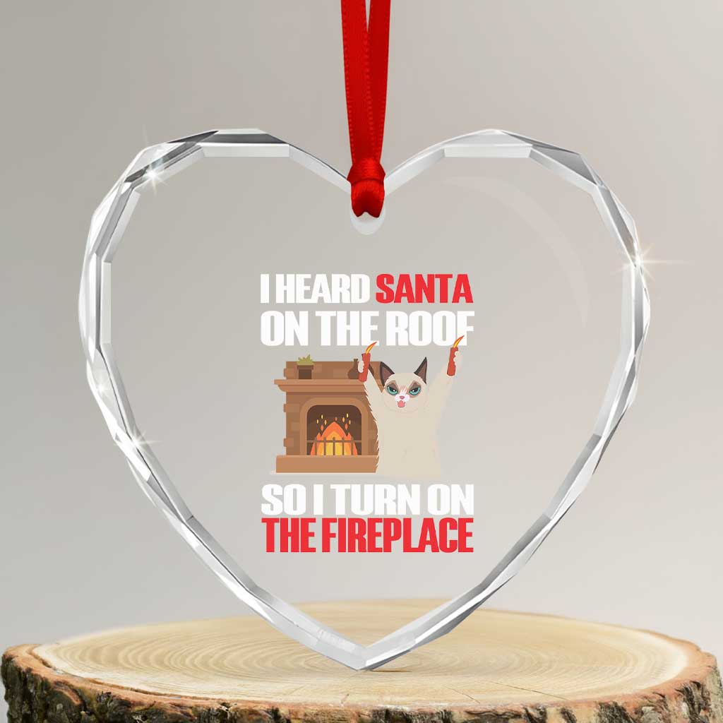 Funny Xmas Cat Heart Crystal Glass Ornament Cat Turned On The Fireplace TS09 Transparent Glass 3'' Heart Print Your Wear