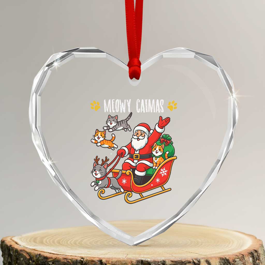 Funny Xmas Cat Heart Crystal Glass Ornament Meowy Catmas Santa Sleigh Xmas TS12 Transparent Glass 3'' Heart Print Your Wear