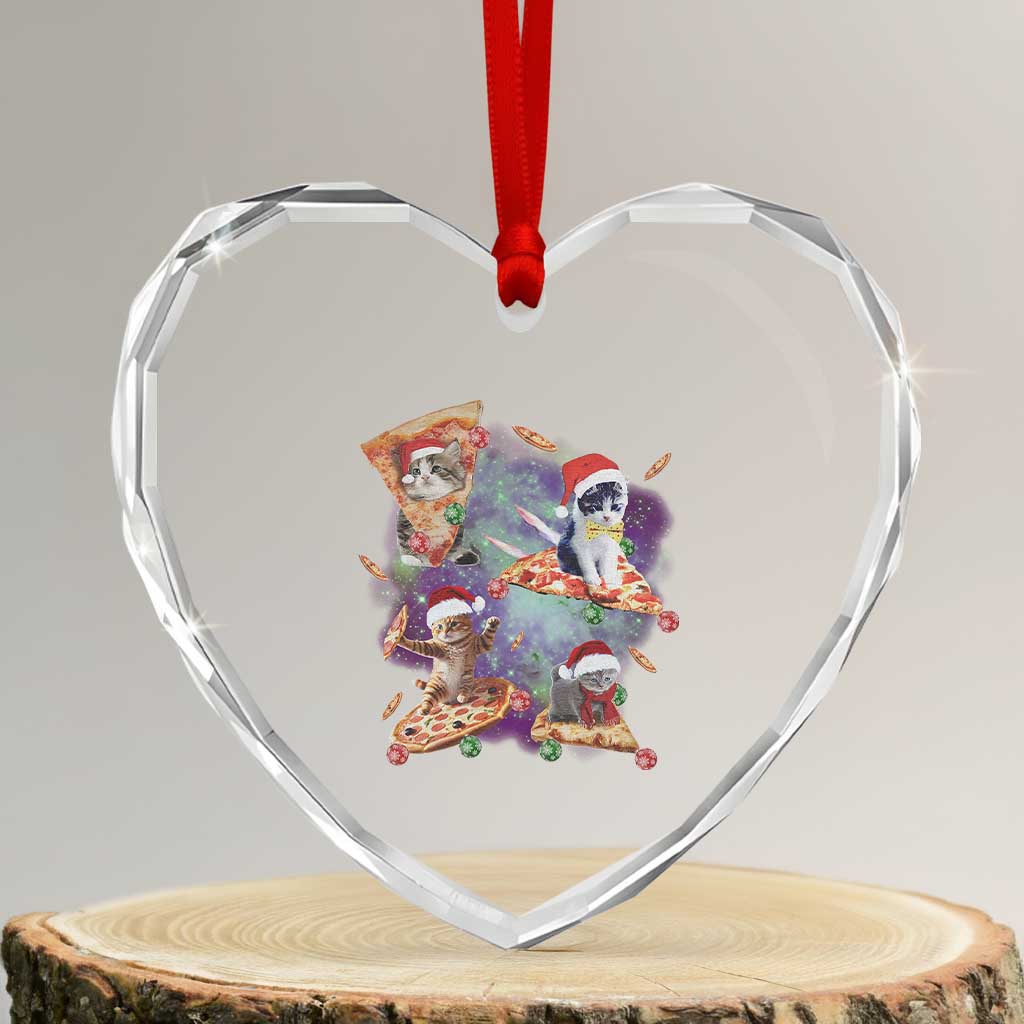 Funny Xmas Cat Heart Crystal Glass Ornament Santa Cat Riding Pizza Galaxy Outer Space TS09 Transparent Glass 3'' Heart Print Your Wear