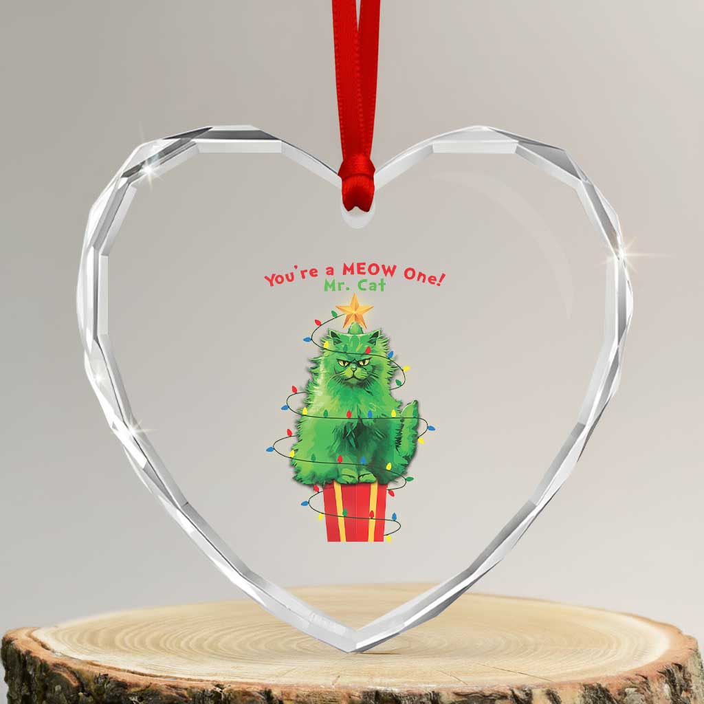 Funny Xmas Cat Heart Crystal Glass Ornament You Are A Meow One Mr. Cat Green Cat TS09 Transparent Glass 3'' Heart Print Your Wear