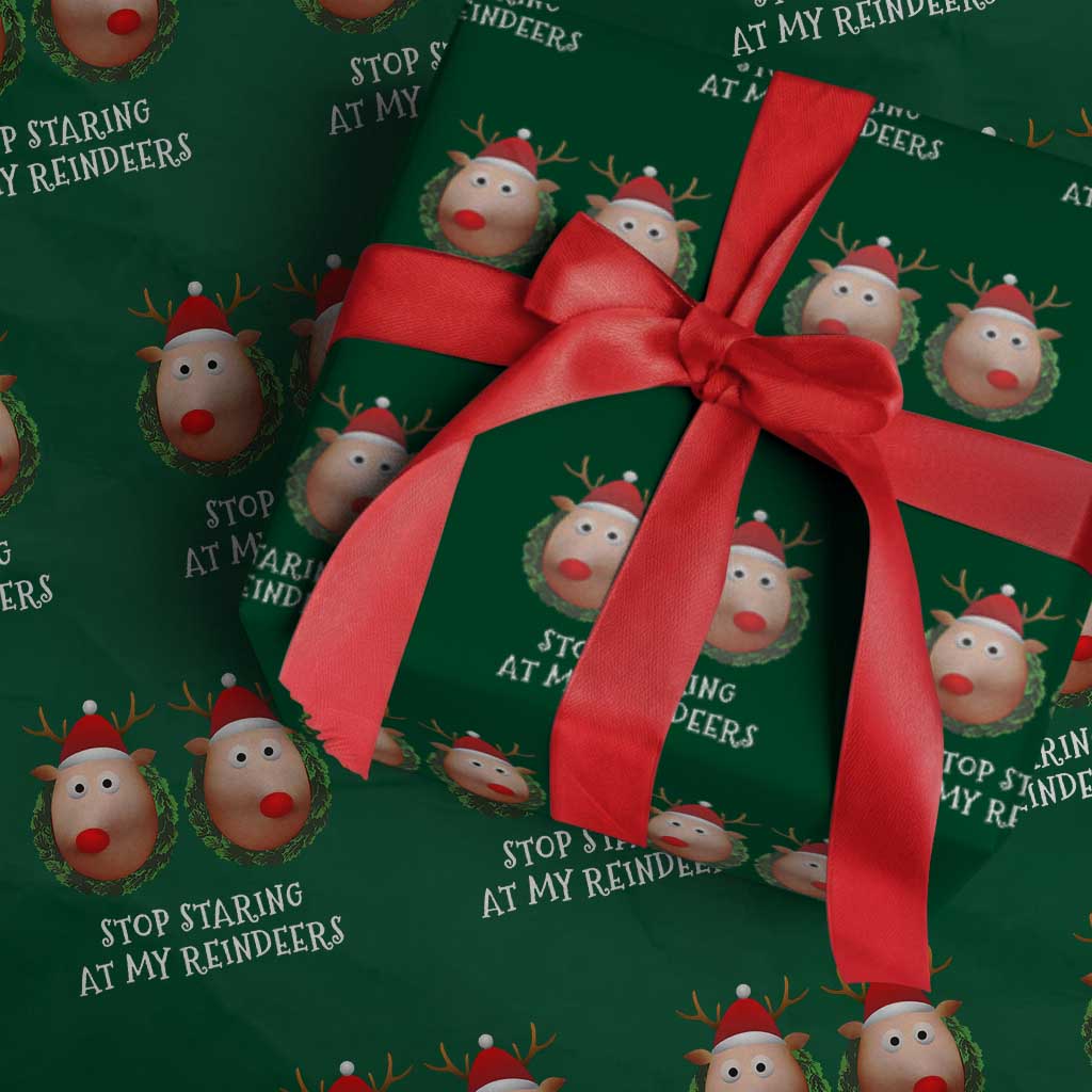 Funny Xmas Chest Joke Wrapping Paper Roll Stop Staring At My Reindeers Merry Titmas Boobs TS02 Green Print Your Wear
