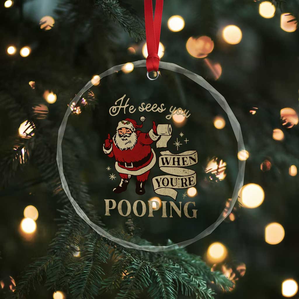 Funny Xmas Crystal Glass Ornament He Sees You When You Are Pooping TS09 Print Your Wear