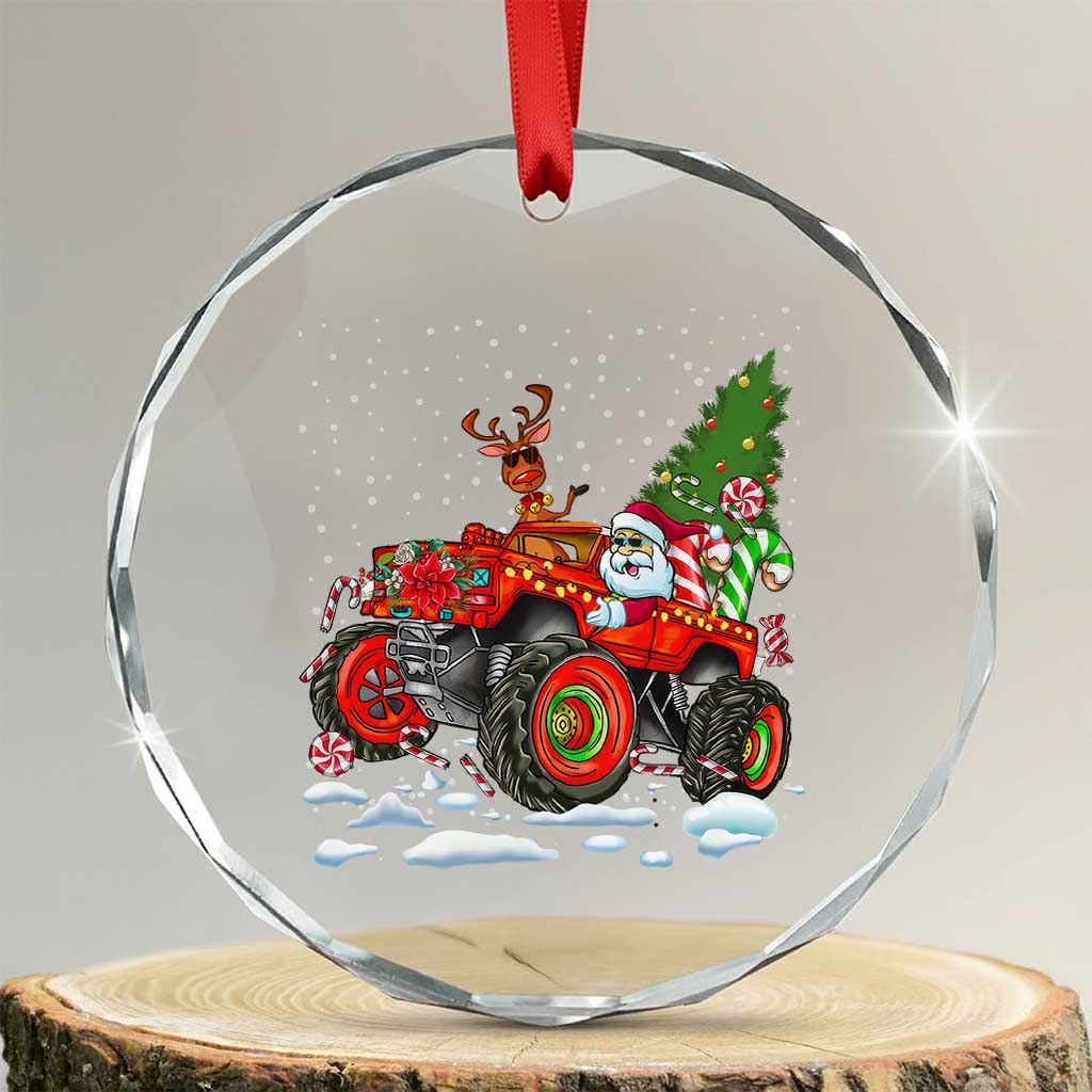 Funny Xmas Crystal Glass Ornament Santa Reindeer Riding Monster Truck TS09 Transparent Glass 3'' Circle Print Your Wear