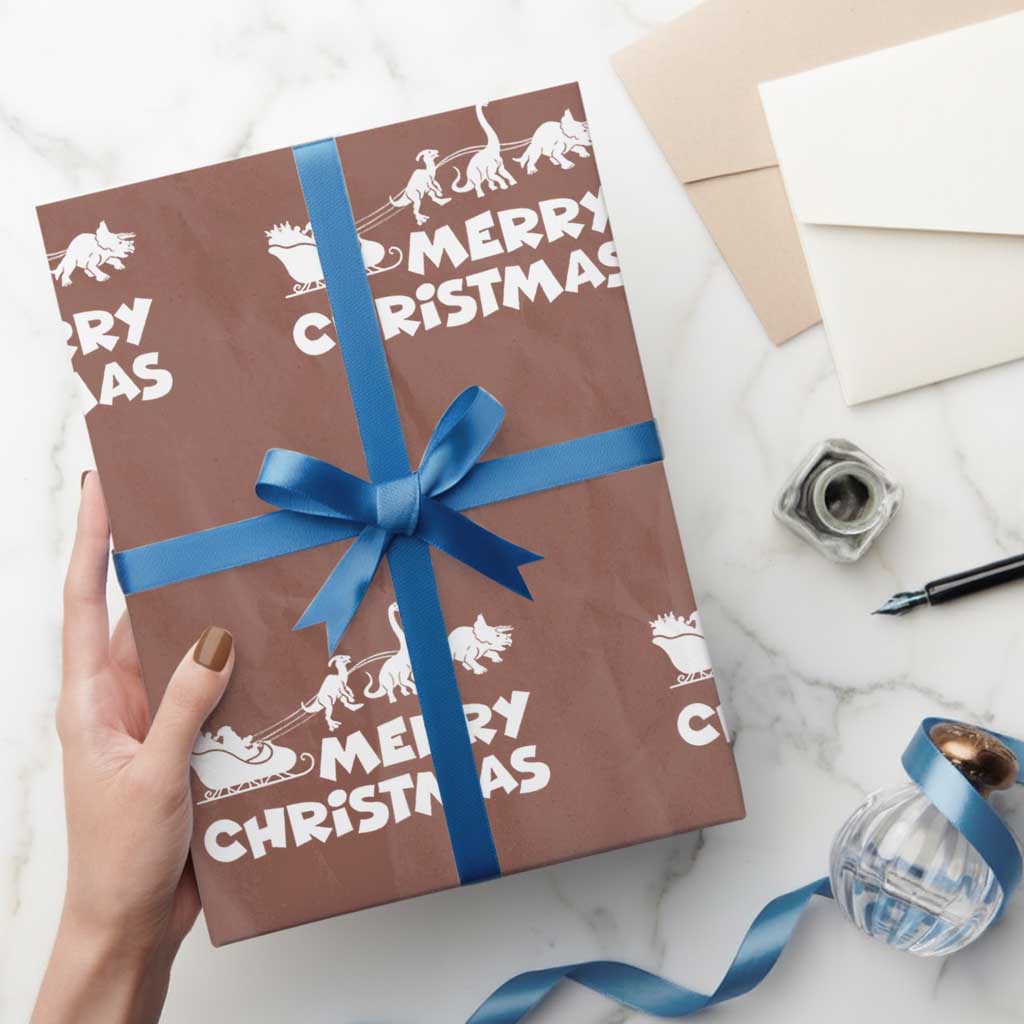 Funny Xmas Dinosaur Wrapping Paper Roll Merry Christmas Dino Santa's Sleigh TS11 Mocha Print Your Wear