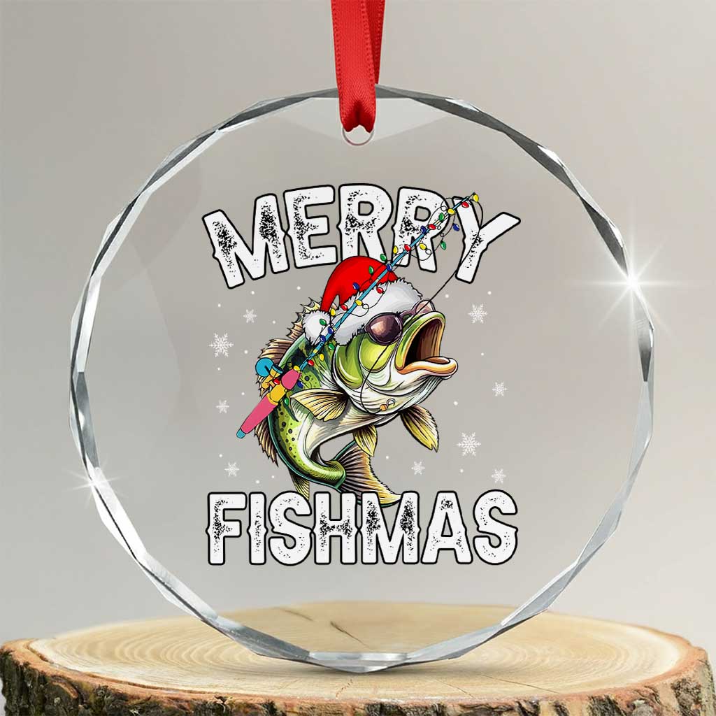 Funny Xmas Fishing Crystal Glass Ornament Merry Fishmas Bass Fish Rod TS11 Transparent Glass 3'' Circle Print Your Wear