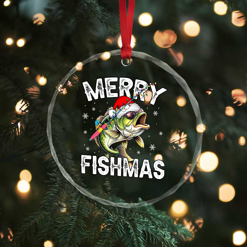 Funny Xmas Fishing Crystal Glass Ornament Merry Fishmas Bass Fish Rod TS11 Print Your Wear