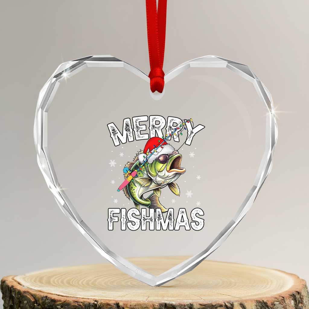 Funny Xmas Fishing Heart Crystal Glass Ornament Merry Fishmas Bass Fish Rod TS11 Transparent Glass 3'' Heart Print Your Wear