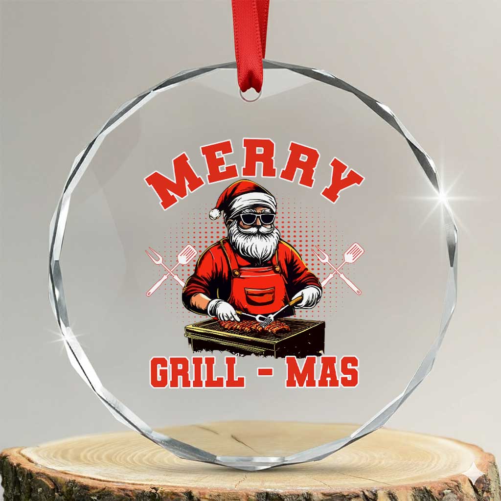 Funny Xmas Grilling Santa Crystal Glass Ornament Merry Grill-Mas BBQ TS11 Transparent Glass 3'' Circle Print Your Wear
