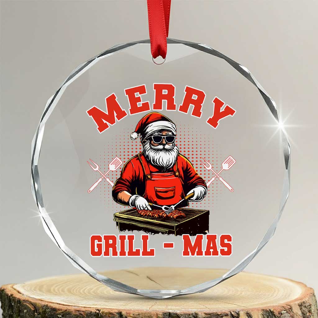 Funny Xmas Grilling Santa Crystal Glass Ornament Merry Grill-Mas BBQ TS11 Transparent Glass 3'' Circle Print Your Wear